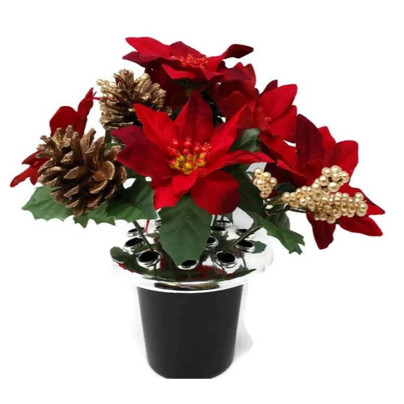 Poinsettia, Berry & Pine Cone Cemetery Grave Pot – Red & Gold