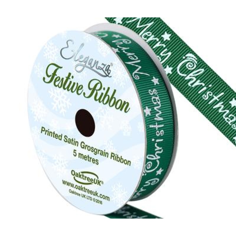 pos Satin Grosgrain Merry Christmas Design 15mm x 5m – Green