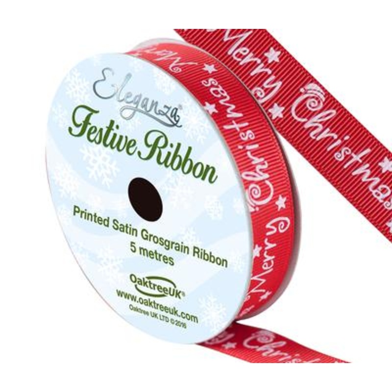 poSatin Grosgrain Merry Christmas Design 15mm x 5m – Red