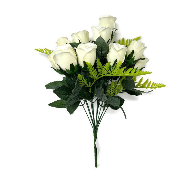 14 Head Rose & Fern Bush x 45cm – Cream