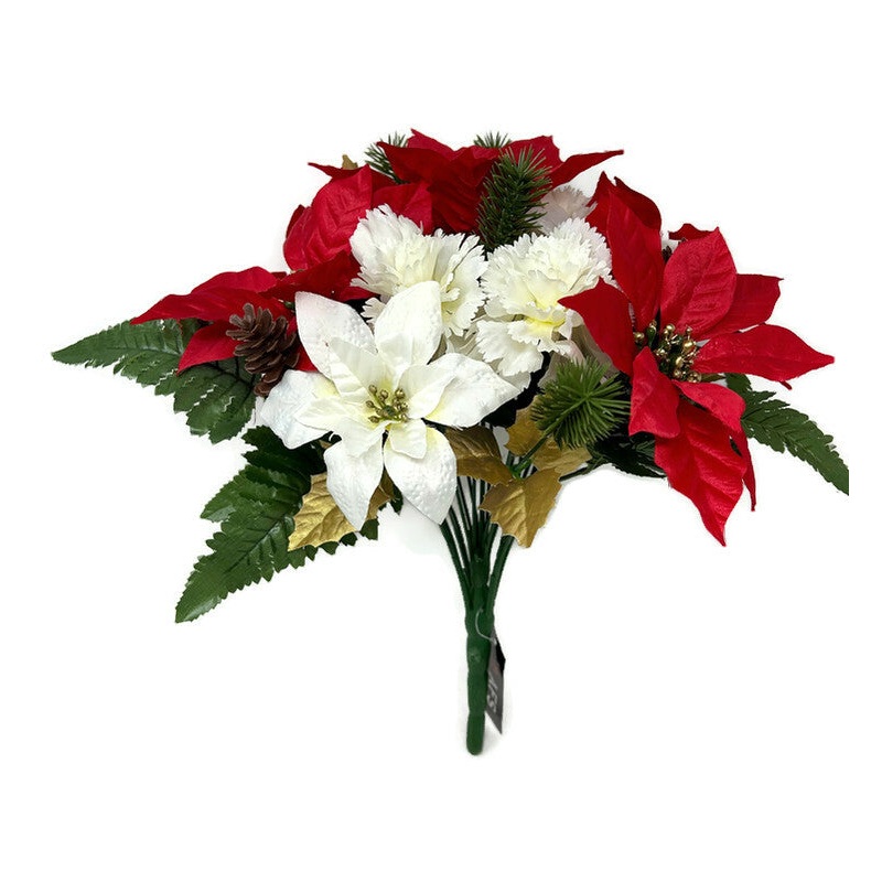 22 Head Poinsettia Carnation & Pine Cone Mixed Foliage Bush x 36cm – Red & Cream