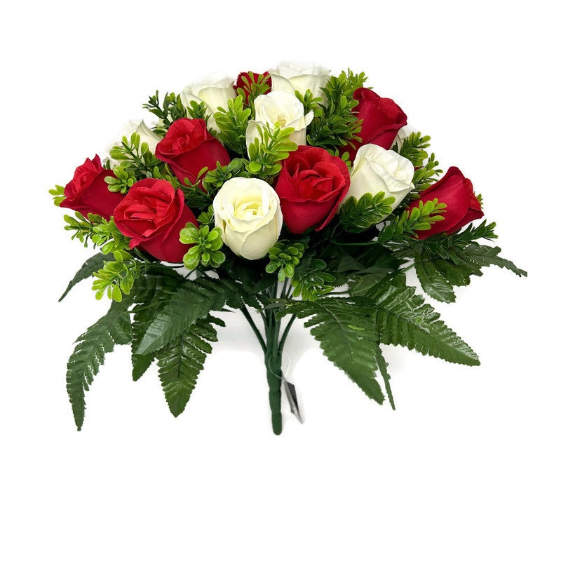 24 Head Red & Cream Rose Bush with Leather Fern x 36cm
