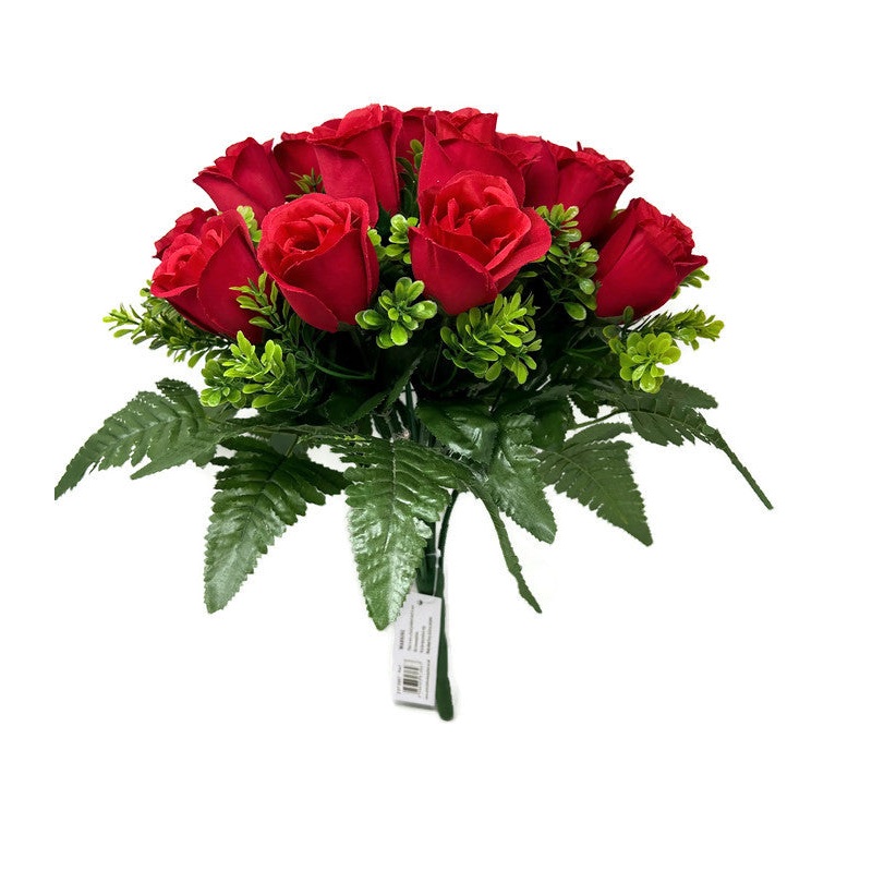 24 Head Red Rose Bush with Leather Fern x 36cm