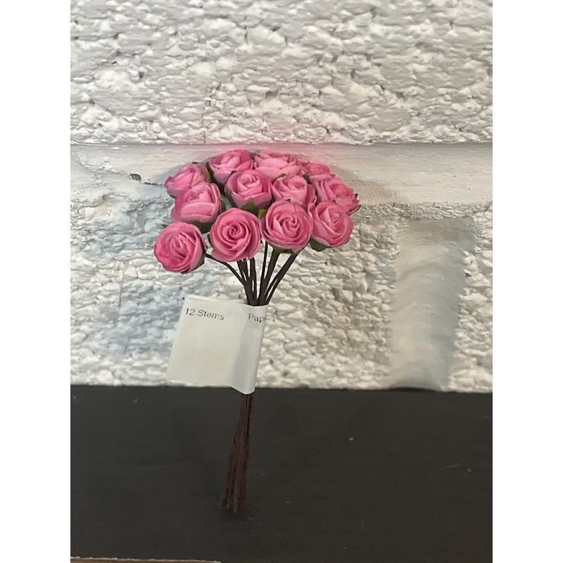 Pink Paper Rose 10mm Heads, 12 Stems