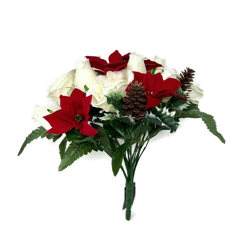 Poinsettia Rose and Pine Cone Mixed Foliage Bush x 36cm – Red & Cream