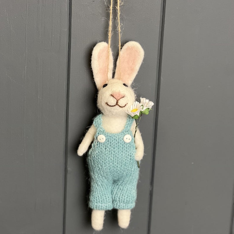 Spring Felt Rabbit in Blue Dungarees with Daisy Bunch – Height 18cm