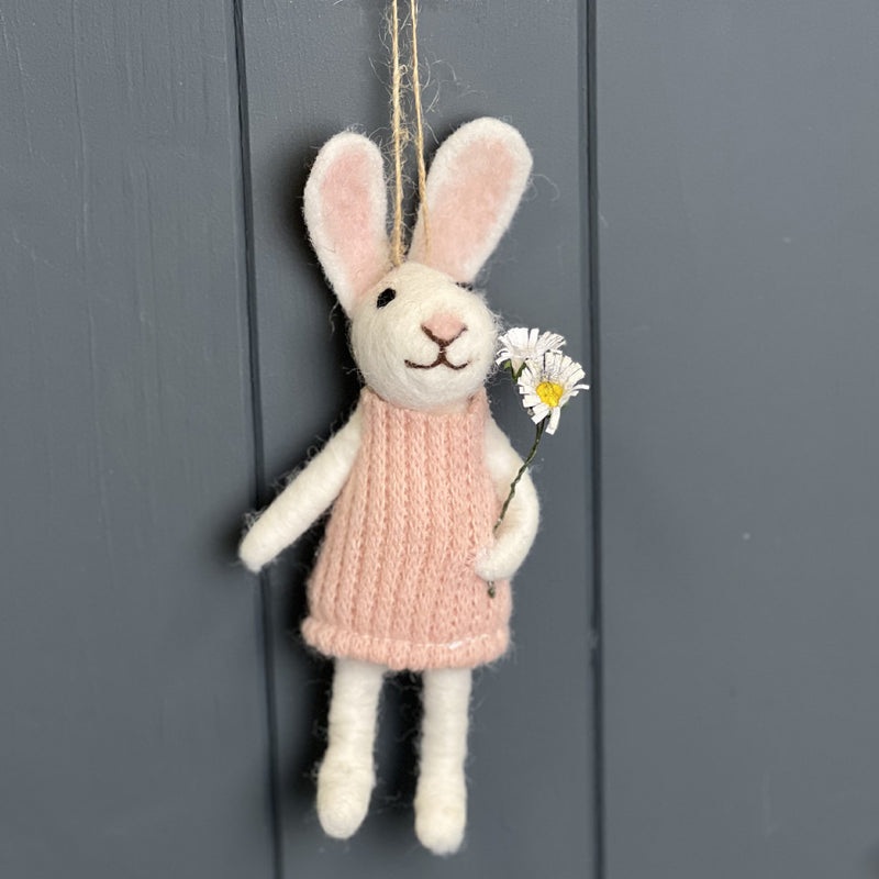 Spring Felt Rabbit in Pink Dress with Daisy Bunch – Height 18cm