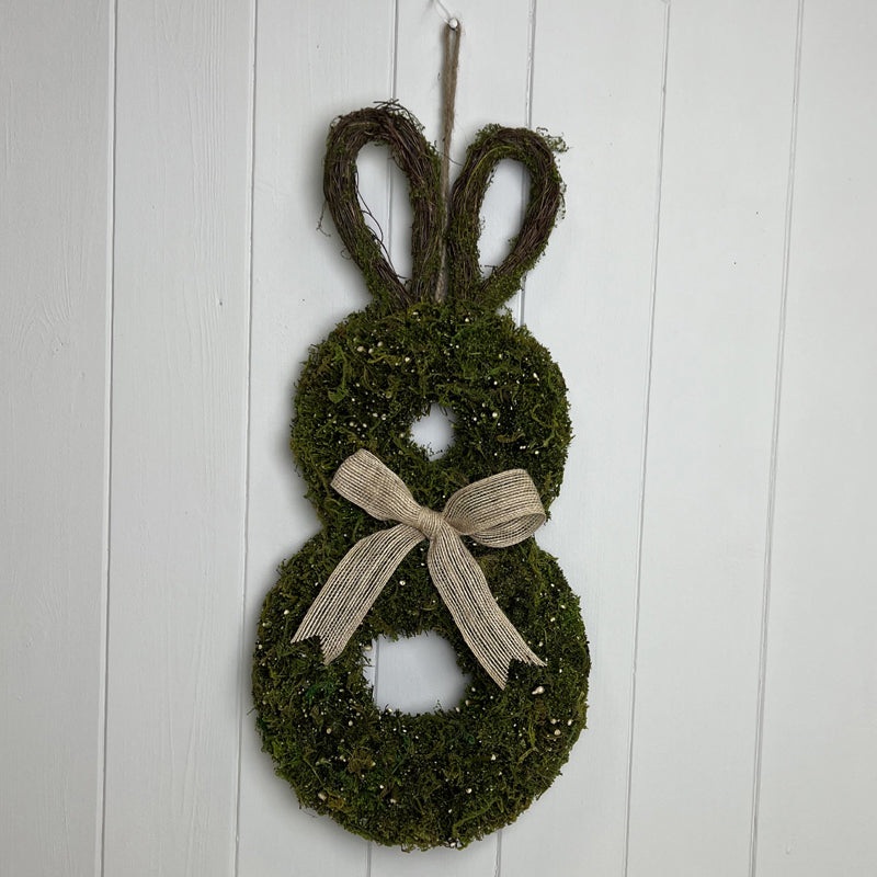 Hanging Moss & Rattan Rabbit Wreath with Bow x H22.5cm