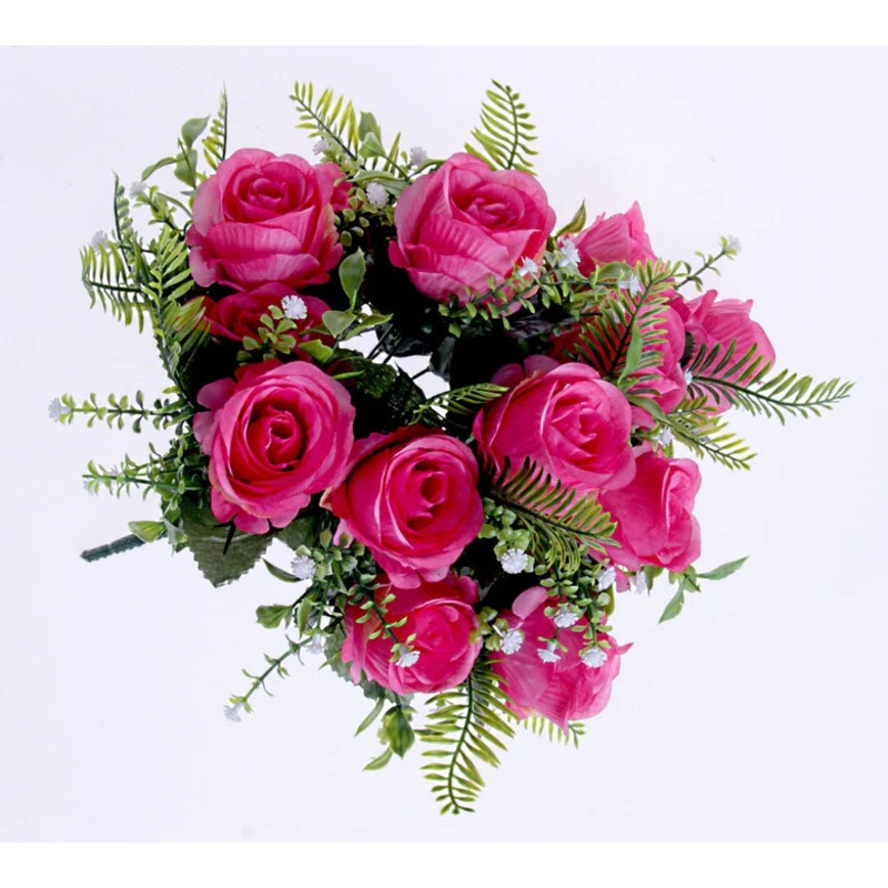 Rose Bush with Foliage – Hot Pink – 18 Heads