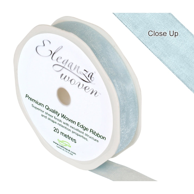 15mm x 20m Woven Edge Sheer Finish Ribbon – Light Blue