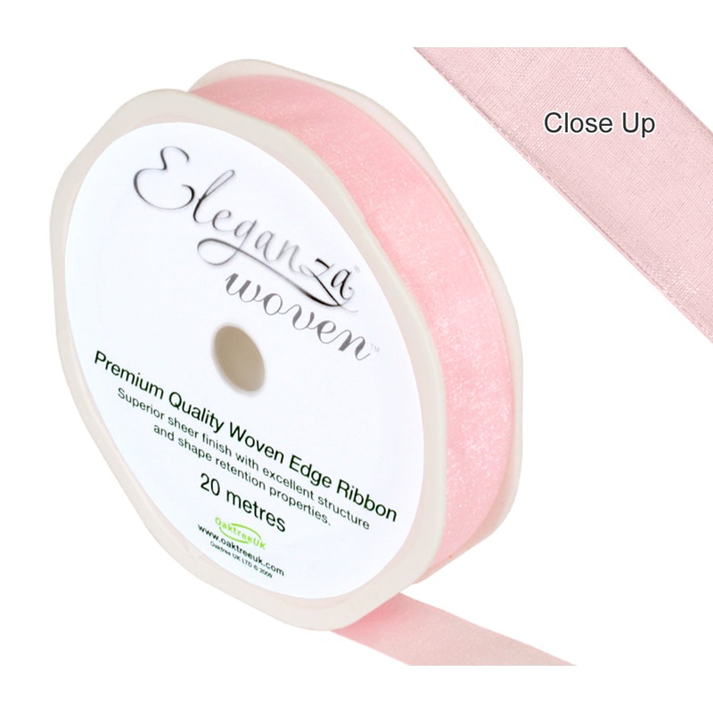 15mm x 20m Woven Edge Sheer Finish Ribbon – Light Pink