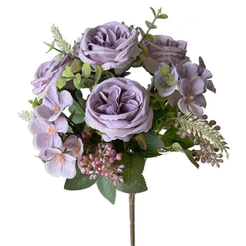 Artificial Mini Garden Rose Bush – Lilac – 37cm long