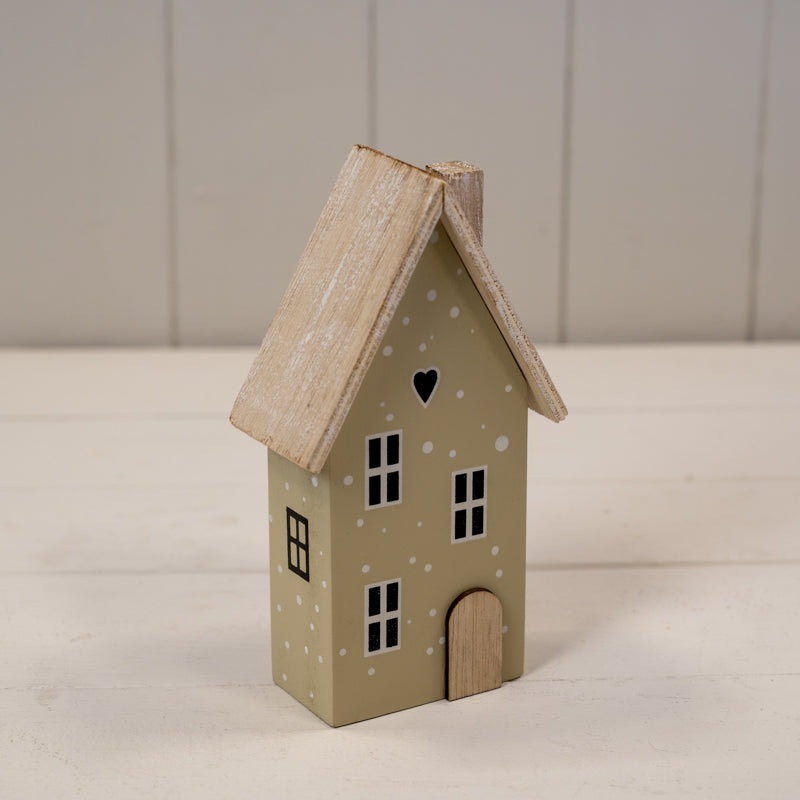 Light Sage Green Wooden House Decoration – Height 16.5cm