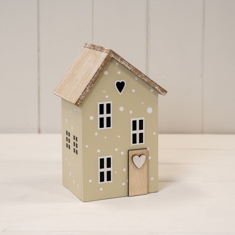 Light Sage Green Wooden House with Cut Out Heart – Height 17.5cm