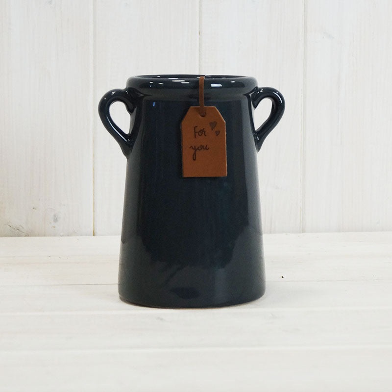 Navy Ceramic Vase with Handles x 14cm .
