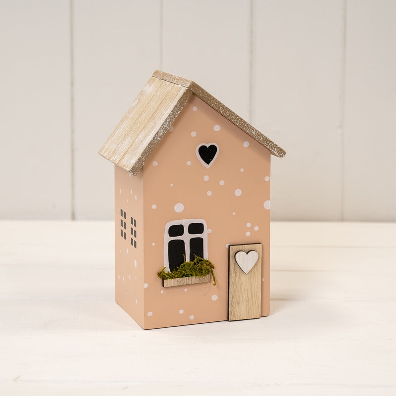 Pink Wooden House with Window Box and Heart Detail – Height 17.5cm