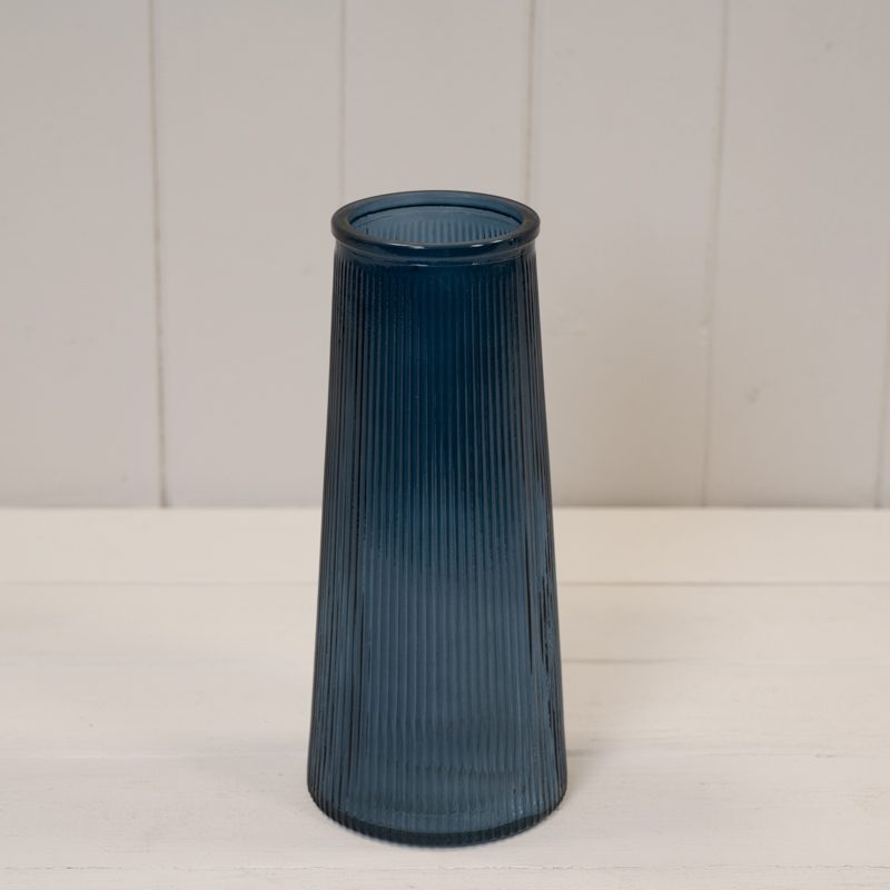 Blue 22.5cm Tall Ribbed Glass Vase