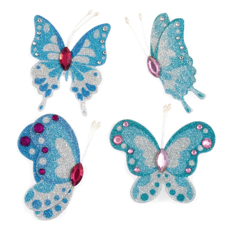 Craft Sticker Embellishments – Blue Sparkling Butterflies – 4-5cm Pack of 4