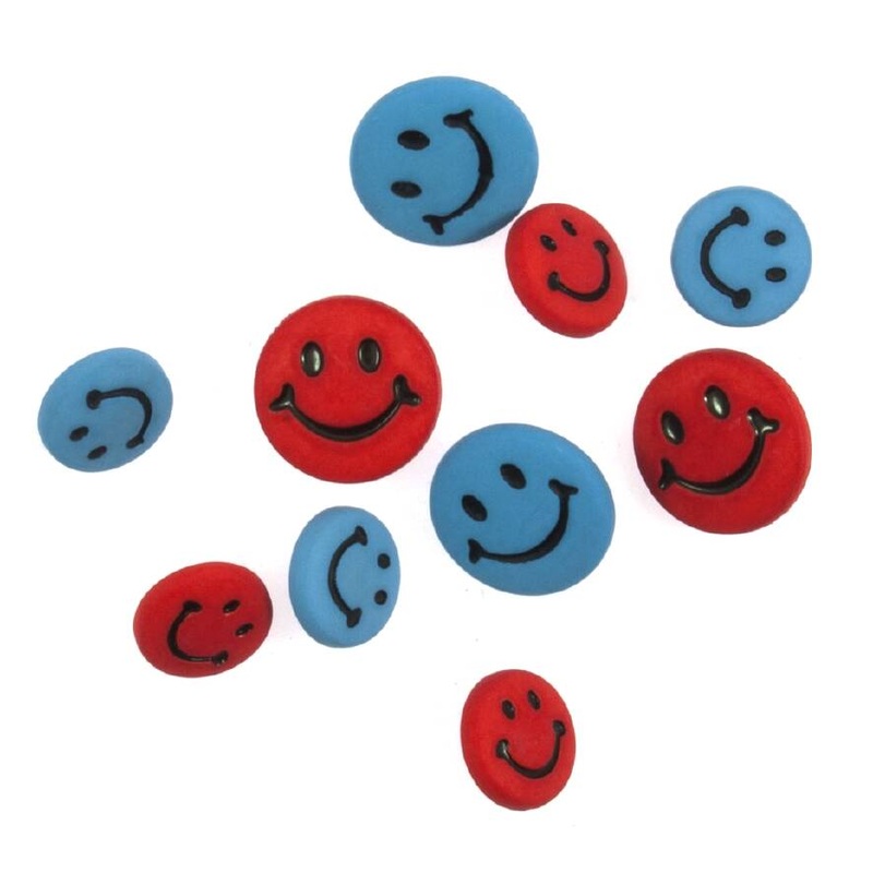 Novelty Craft Buttons – Smiley Faces – Red & Blue – Pack of 10