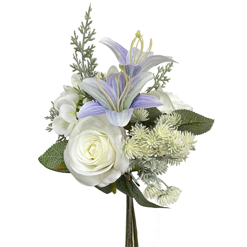 Rose, Lily & Hydrangea Blossom Bundle x 35cm – Ivory/Purple