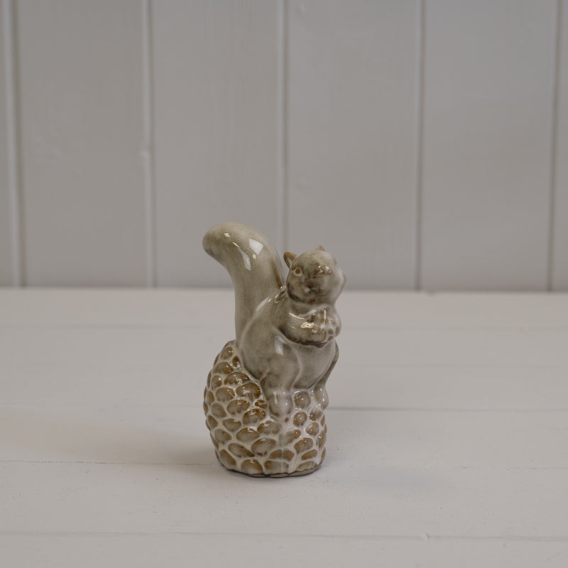 Beige Mottle Ceramic Squirrel Sitting on Pinecone Decoration x H11.5cm
