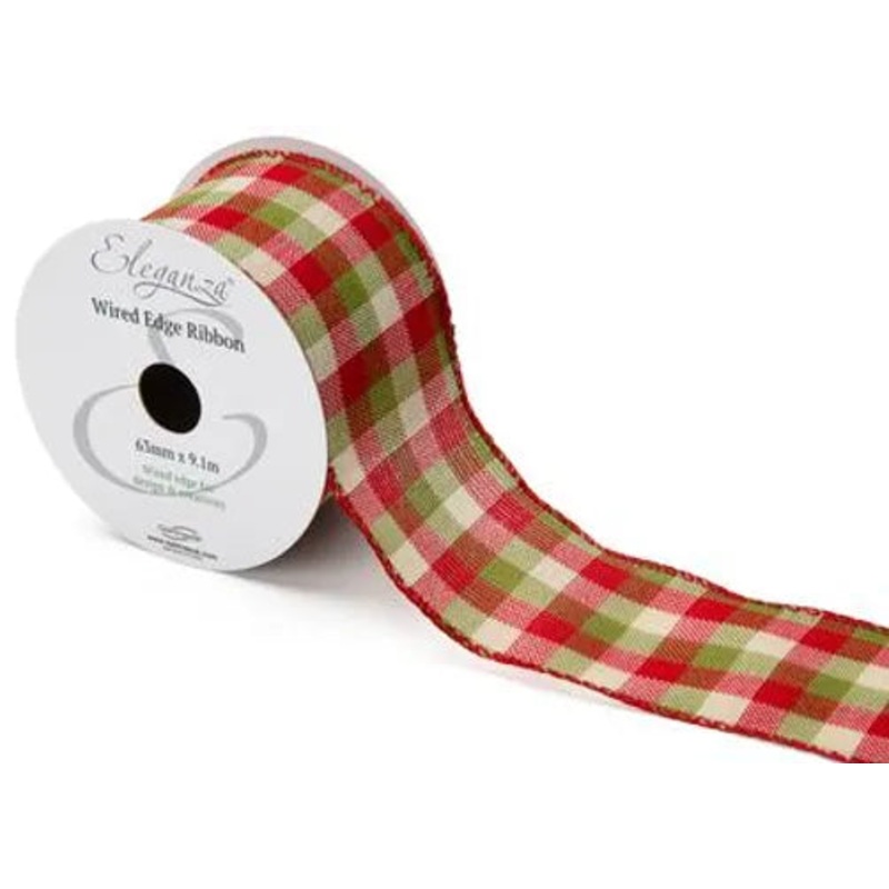 Green and Red Chequered Wired Edge Ribbon 63mm x 10 Yards