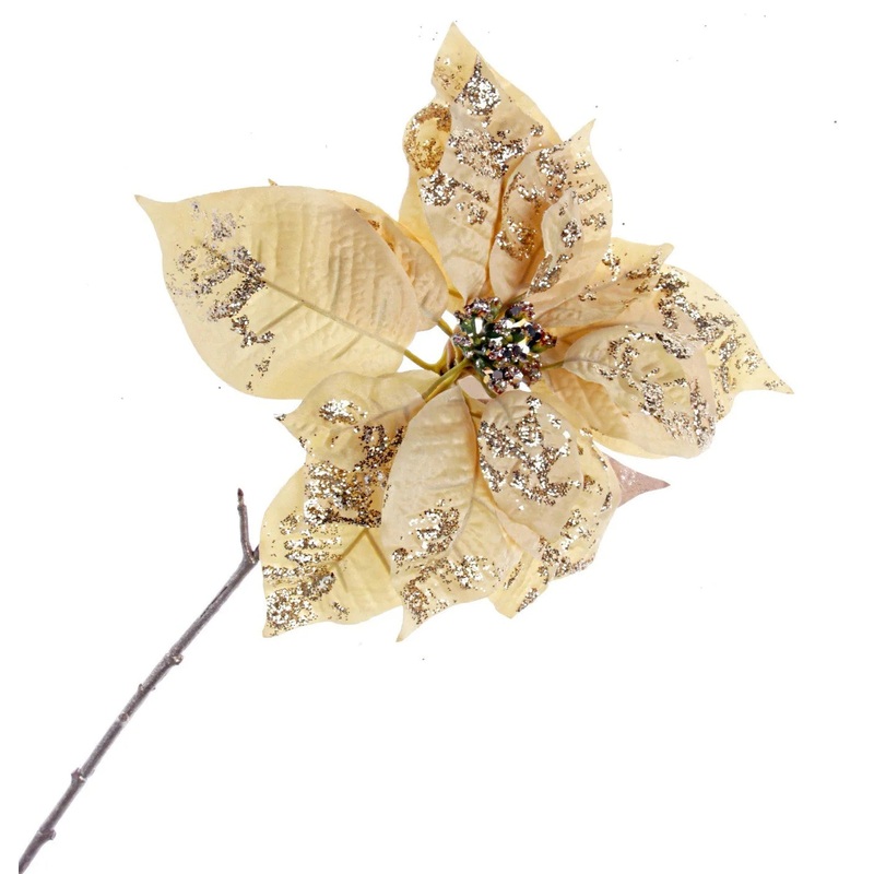 Single Glittered Poinsettia – Gold  (25cm diameter, 53cm long)