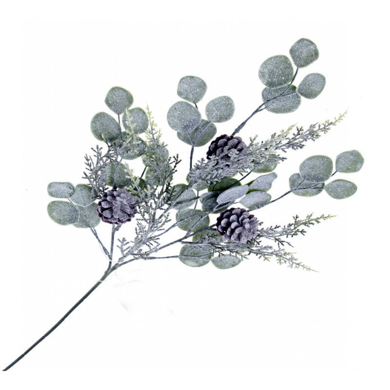 Glittered Eucalyptus & Pinecone Spray – Green/White – 60cm long
