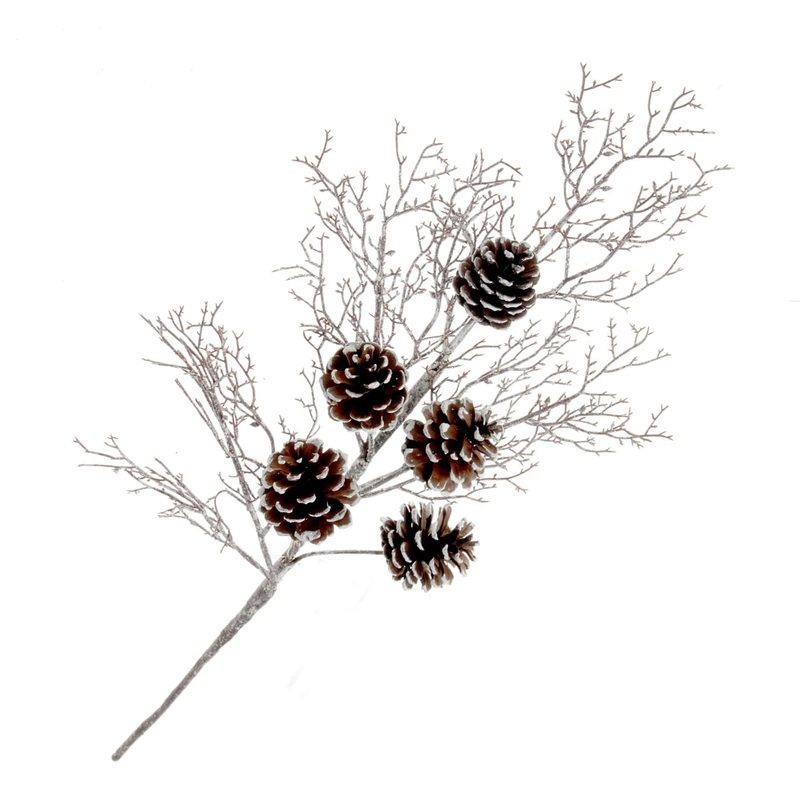 Twig Spray with Pine Cones – Brown/White (48cm long)