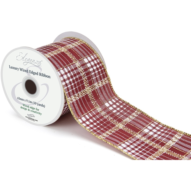 Luxury Burgundy & Gold Metallic Tartan Wired Ribbon Roll – No.473 – 63mm x 9.1m
