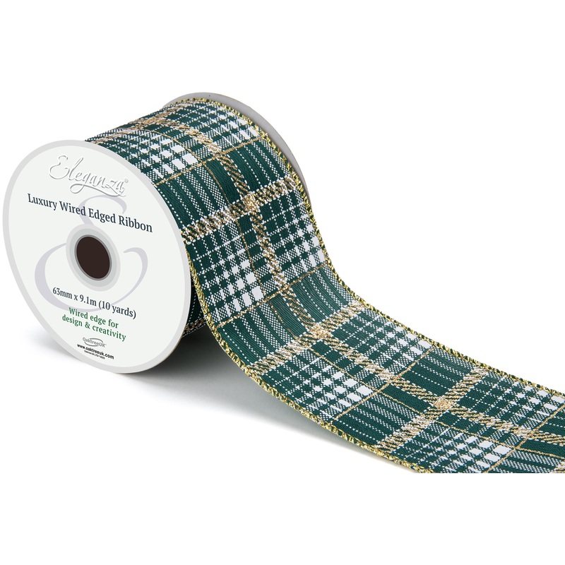 Luxury Green & Gold Metallic Tartan Wired Ribbon Roll – No.474 – 63mm x 9.1m