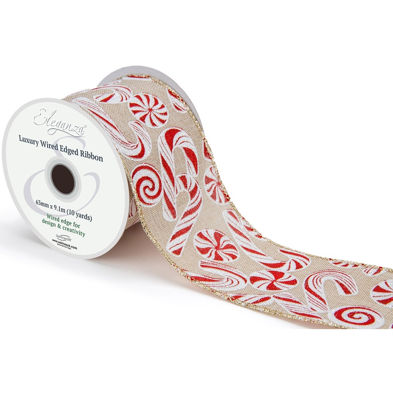 Wired Edge Candy Cane & Sweet Ribbon Roll –  Natural No.462 – 63mm x 9.1m