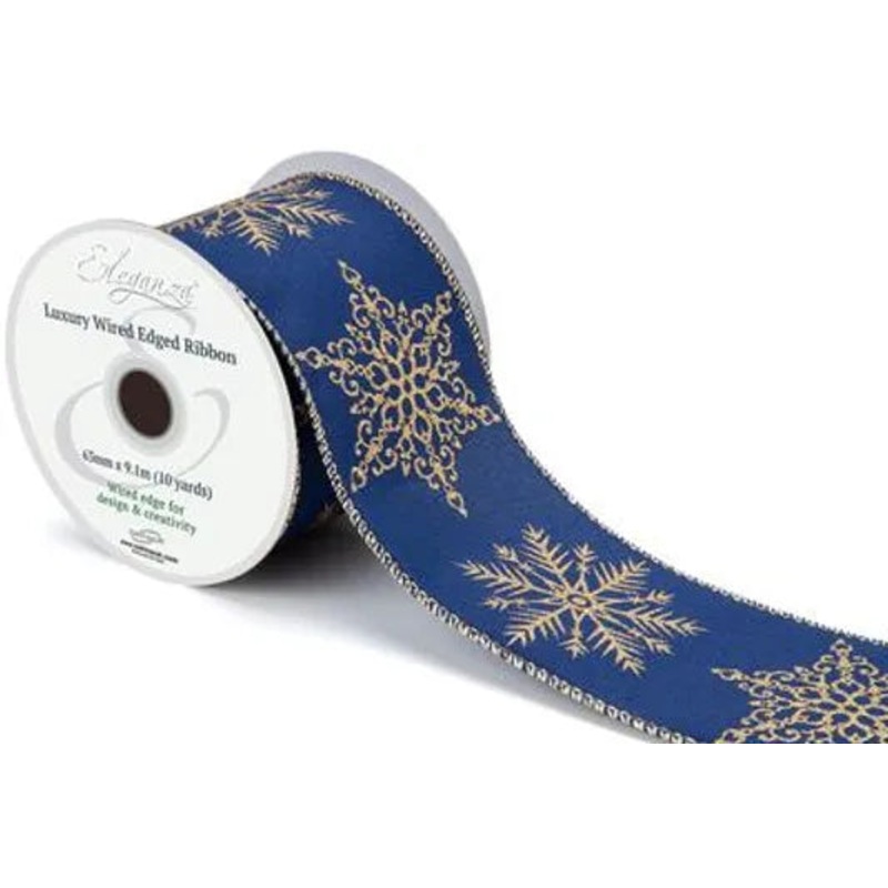 Wired Edge Christmas Luxury Snowflakes Navy/Gold No.463 63mm x 9.1m