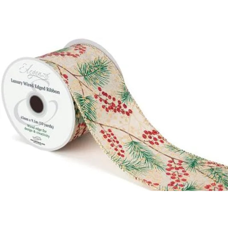 Wired Edge Christmas Pine & Metallic Berries No.457 – 63mm x 9.1m