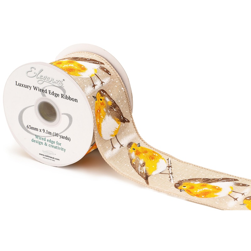 Wired Edge Christmas Robin Red Breast Ribbon Roll – Natural No.449 – 63mm x 9.1m