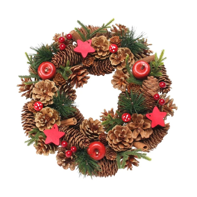 Woodland Natural Wreath with Red Stars x 30cm