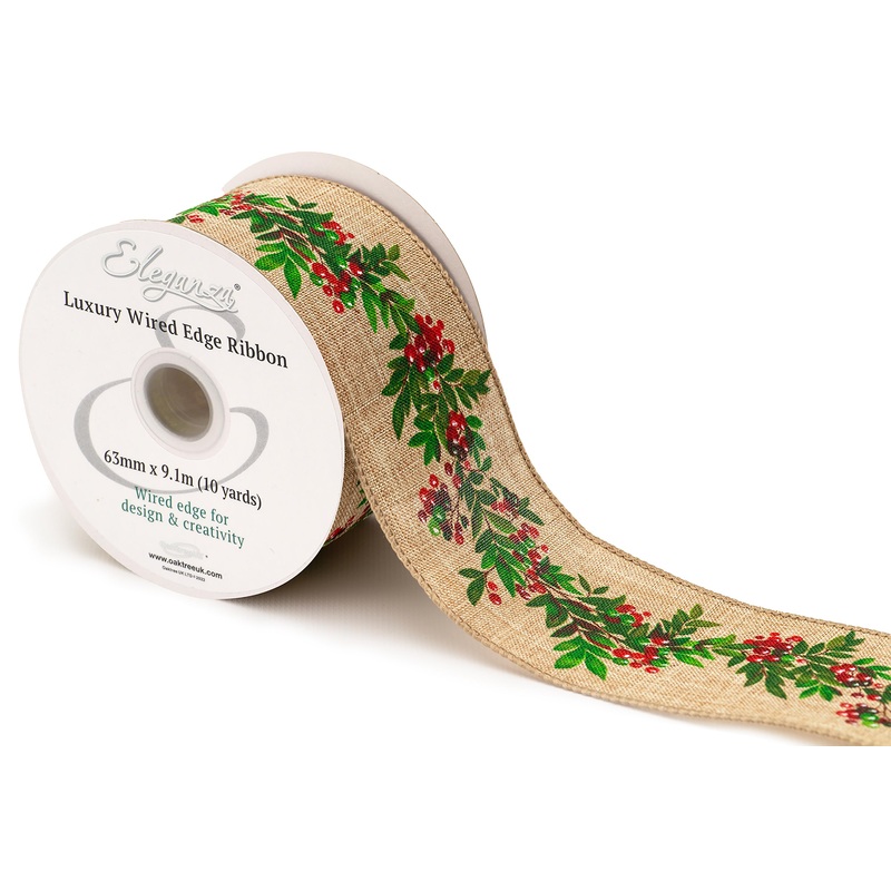Wired Edge Christmas Red Berries & Foliage Ribbon Roll  – 63mm x 9.1m