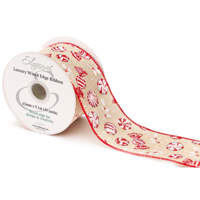 Wired Edge Christmas Red & White Sweeties Ribbon Roll – 63mm x 9.1m