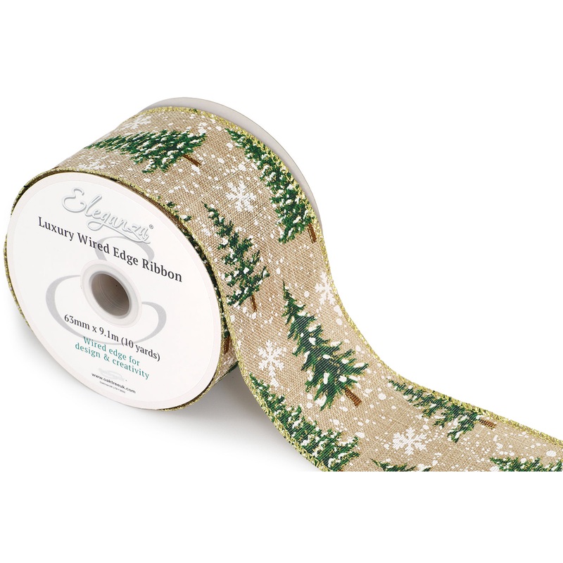 Wired Edge Christmas Snow Tree Ribbon Roll – 63mm x 9.1m