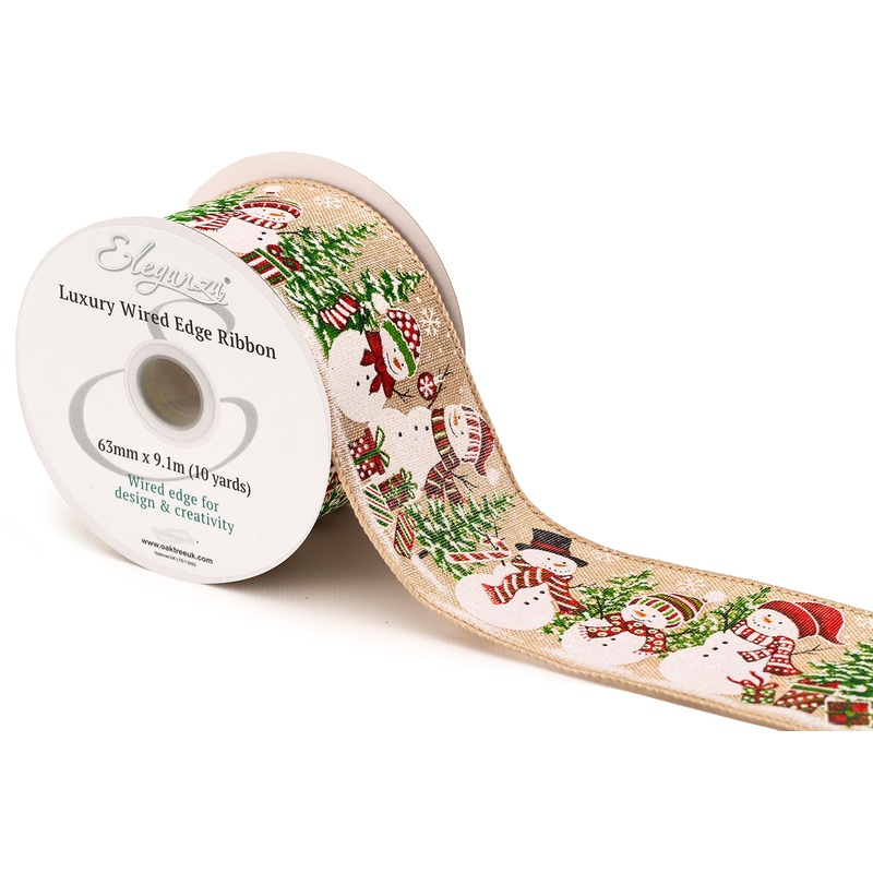 Wired Edge Christmas Snowman Scene Ribbon Roll – 63mm x 9.1m