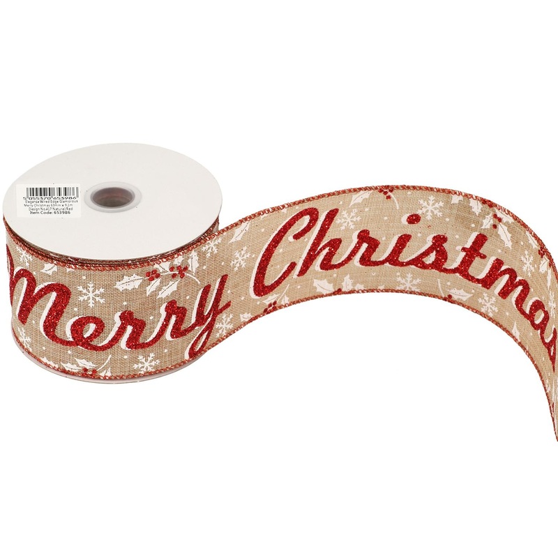 Wired Edge Glamorous Red Sparkle Merry Christmas Ribbon Roll – 63mm x 9.1m
