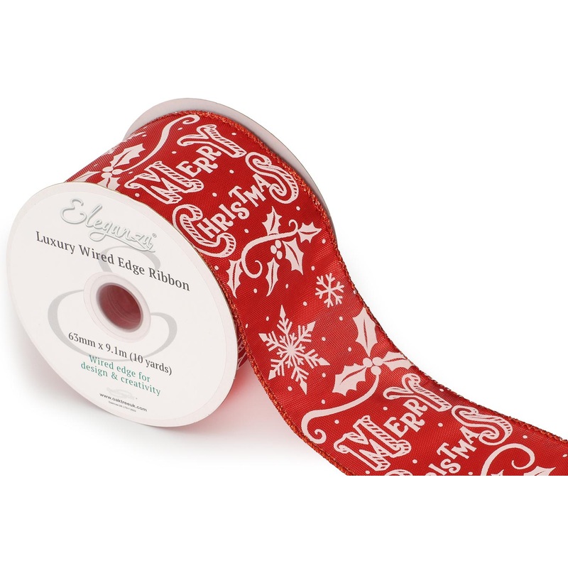 Wired Edge Metallic Red Merry Christmas Ribbon Roll – 63mm x 9.1m