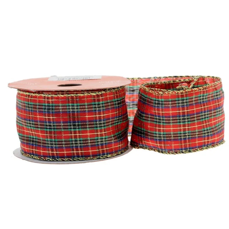 Wired Tartan Gold Red & Green Ribbon – 50mm x 10yds