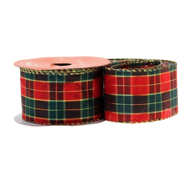 Wired Tartan Red Green & Gold Ribbon – 50mm x 10yds