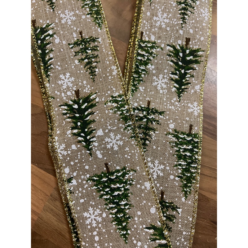 1m SAMPLE 63mm Wired Edge Christmas Snow Tree Ribbon