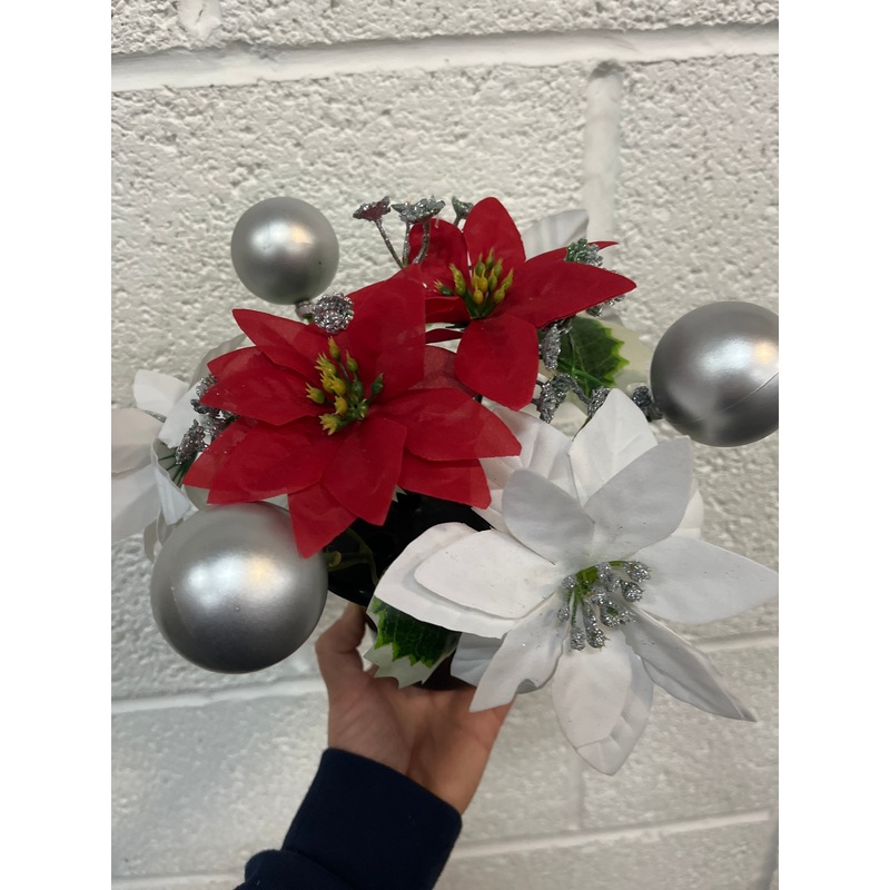 REDUCED TO CLEAR-Poinsettia Bauble & Holly Grave Vase Container  – White + Red
