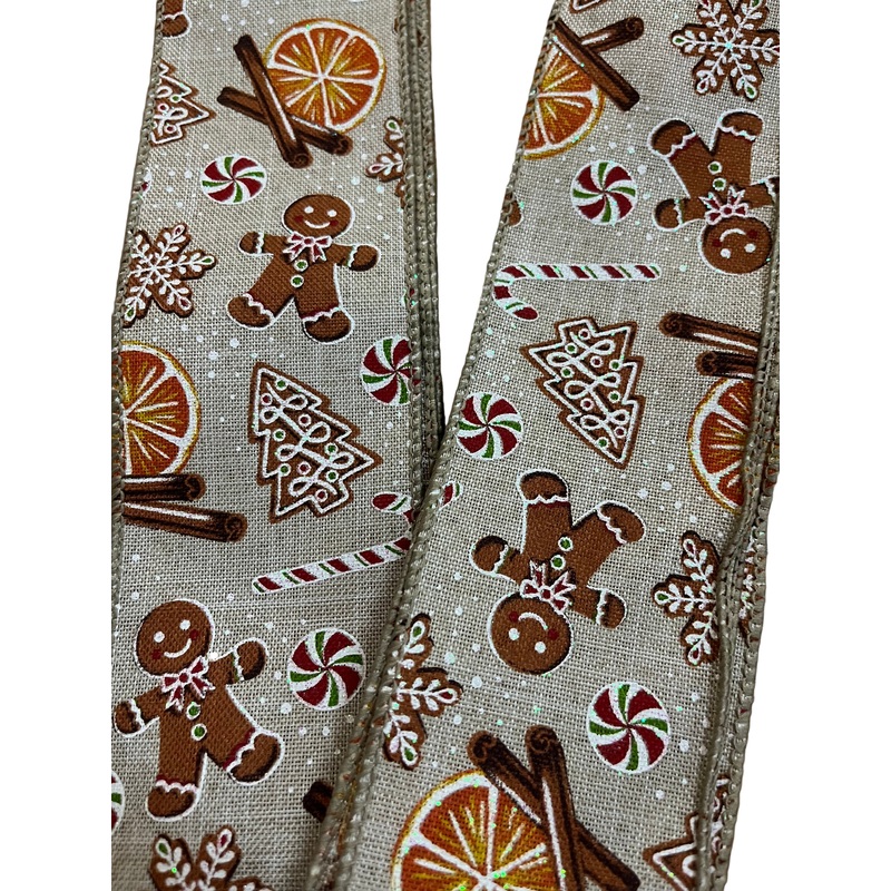 Sample Size – 1 Metre Length – Wired Edge Christmas Gingerbread Ribbon 63mm Wide