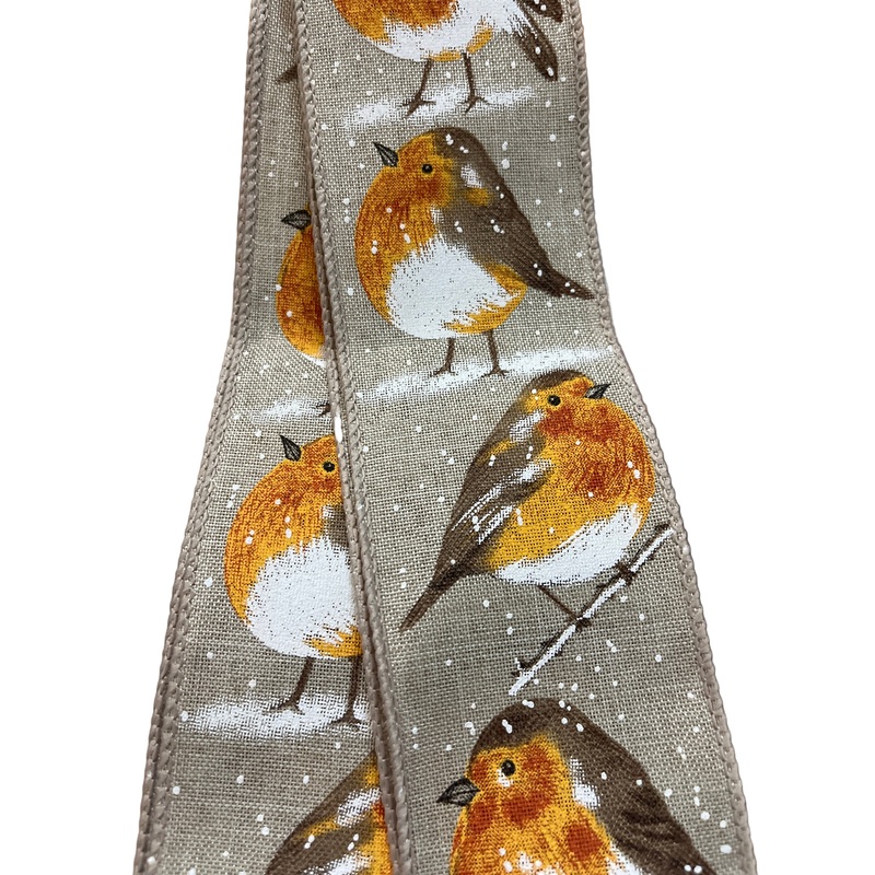 Sample Size – 1 Metre Length – Wired Edge Christmas Robin Red Breast Ribbon 63mm Wide