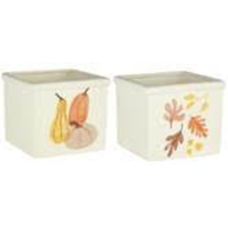 7594-06-12 – Autumn Leaves Cream Ceramic Square Planter – 2/set