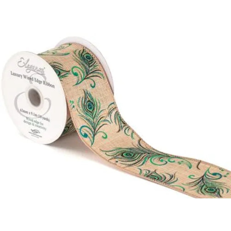 Wired Edge Natural Burlap Ribbon 63mm x 9.1m – Iridescent Peacock